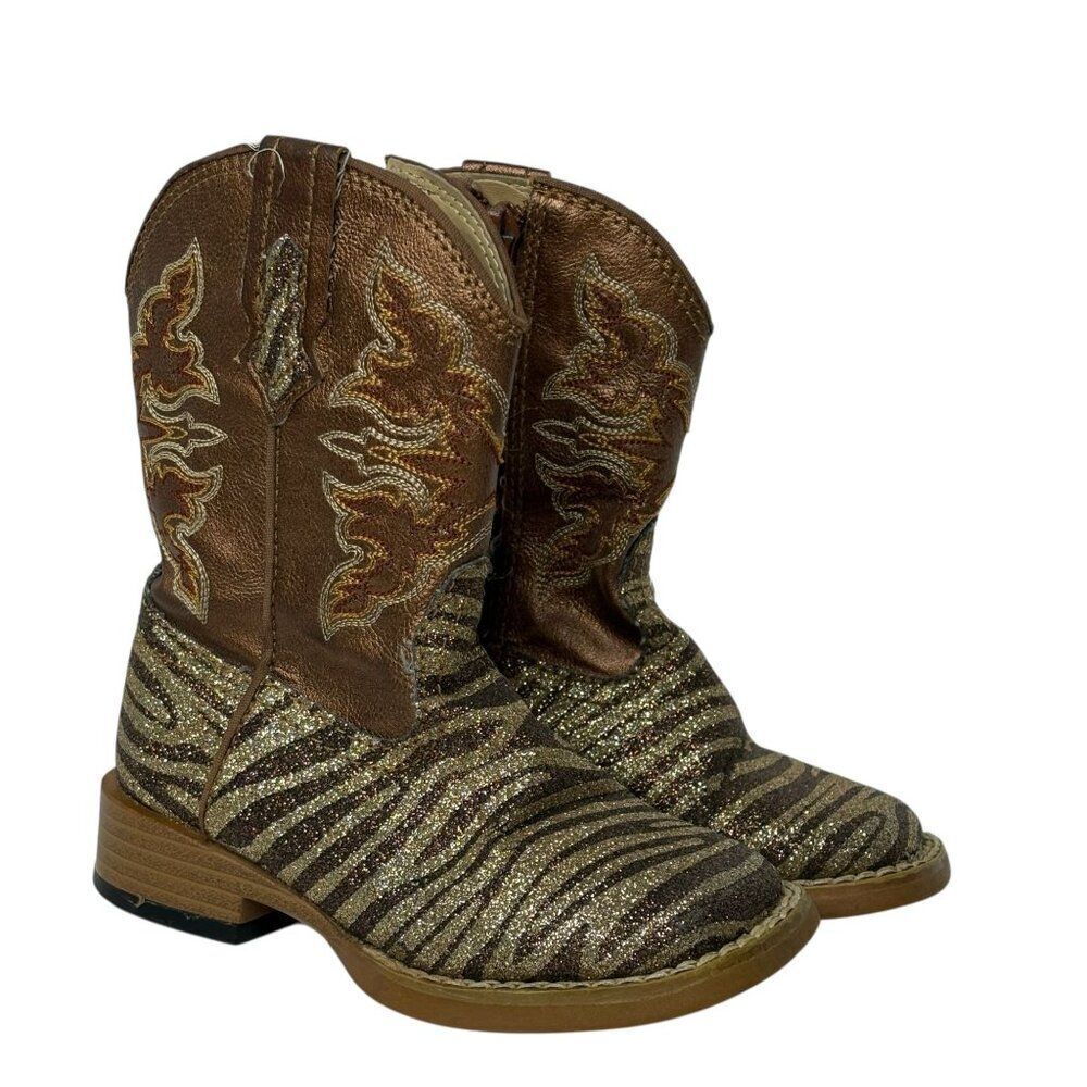 Roper Glitter Zebra Cowgirl Boots Infant Size 6 Brown Gold